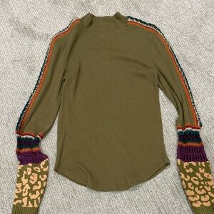Free People Olive Green Sweater with Colorful Sleeves